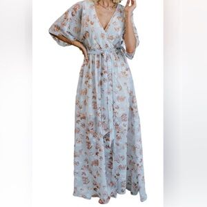 Light Blue Floral Maxi Dress – Gold & Brown Botanical Print, Flowy Boho Style